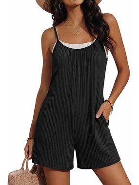 Women's Black Summer Casual Loose Sleeveless Overall Adjustable Short Romper